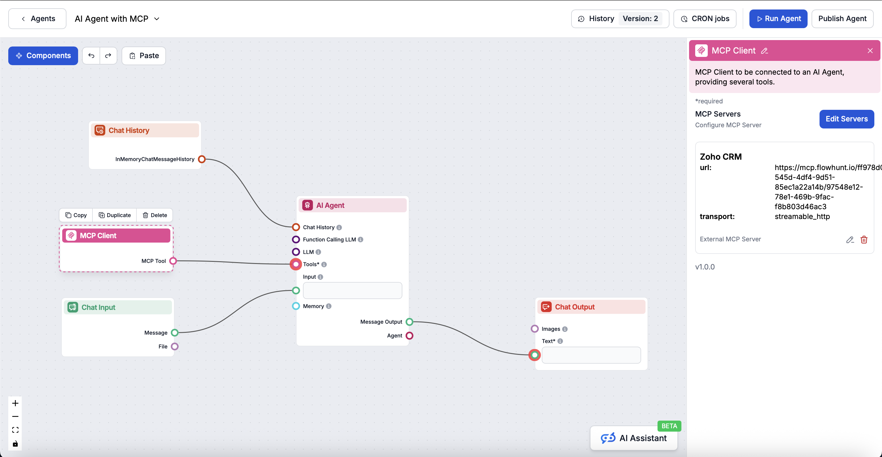 Builder visuale FlowHunt con componente MCP Client