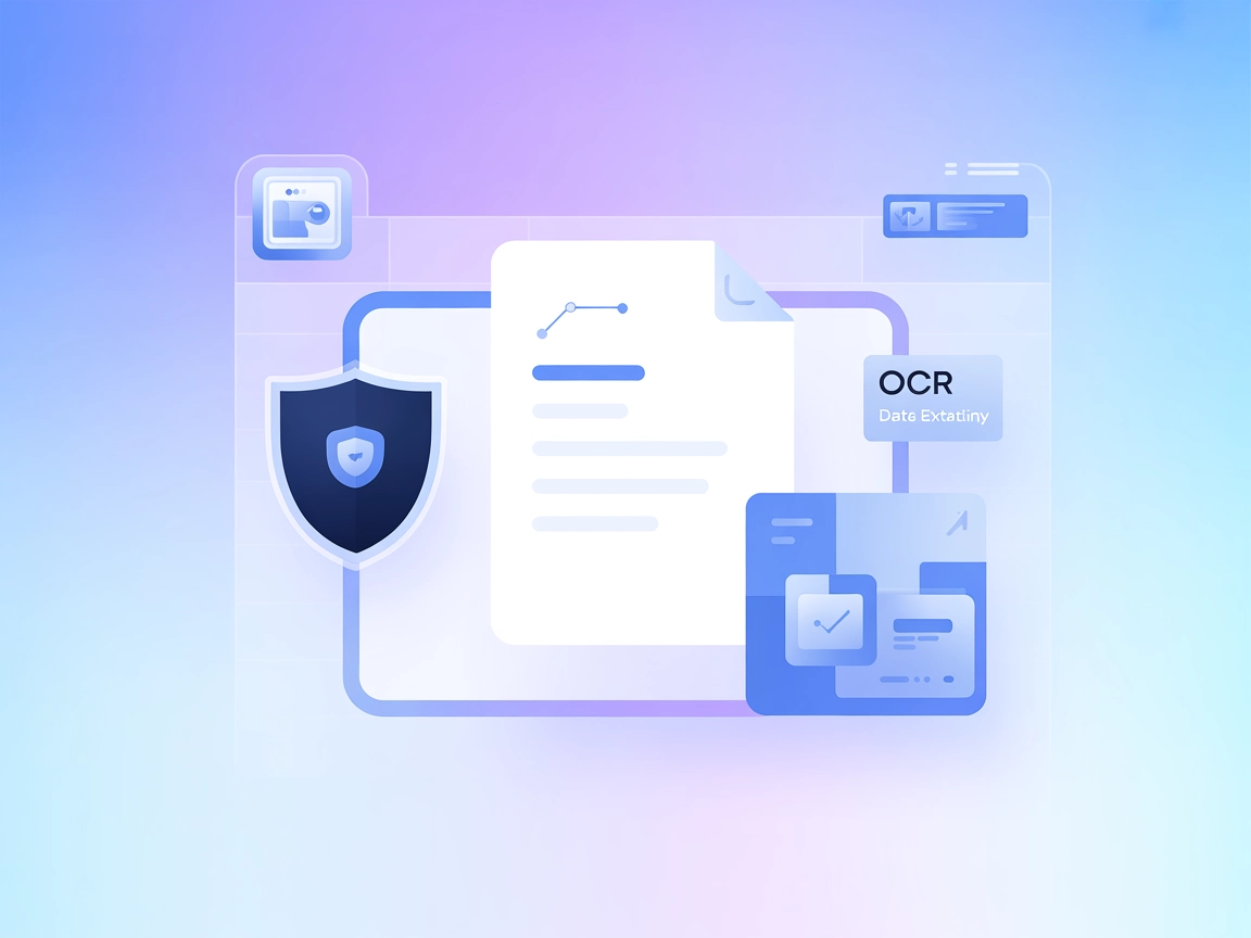 Flujo de trabajo minimalista con iconos de edición de documentos, seguridad y extracción de datos