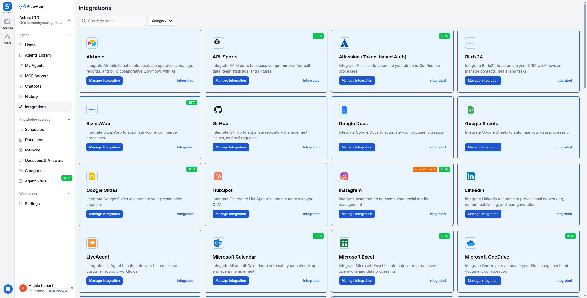 FlowHunt Integrations page showing the Airtable integration card with the Manage Integration button