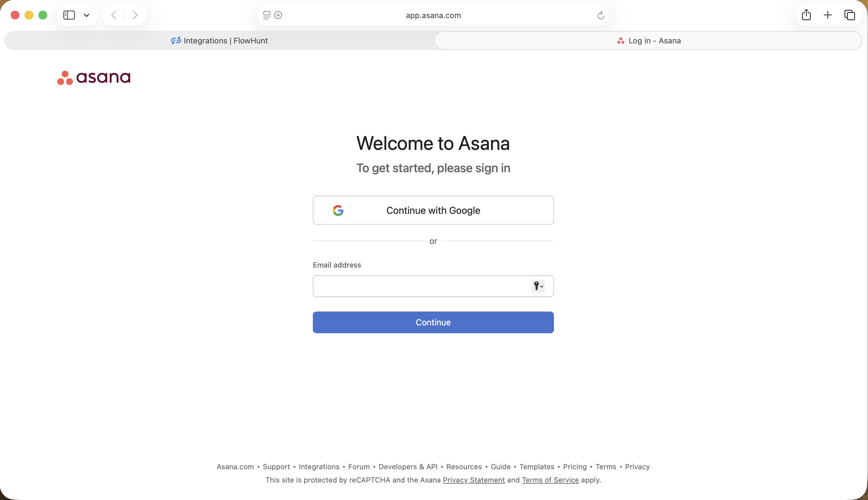 Continue with Google 및 이메일 로그인 옵션을 보여주는 Asana 로그인 페이지