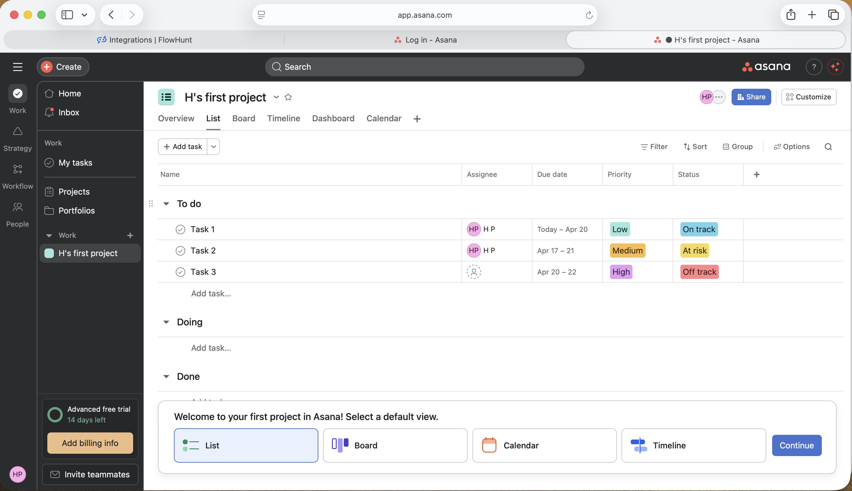 온보딩 후 설정되어 준비된 워크스페이스를 보여주는 Asana 프로젝트 대시보드