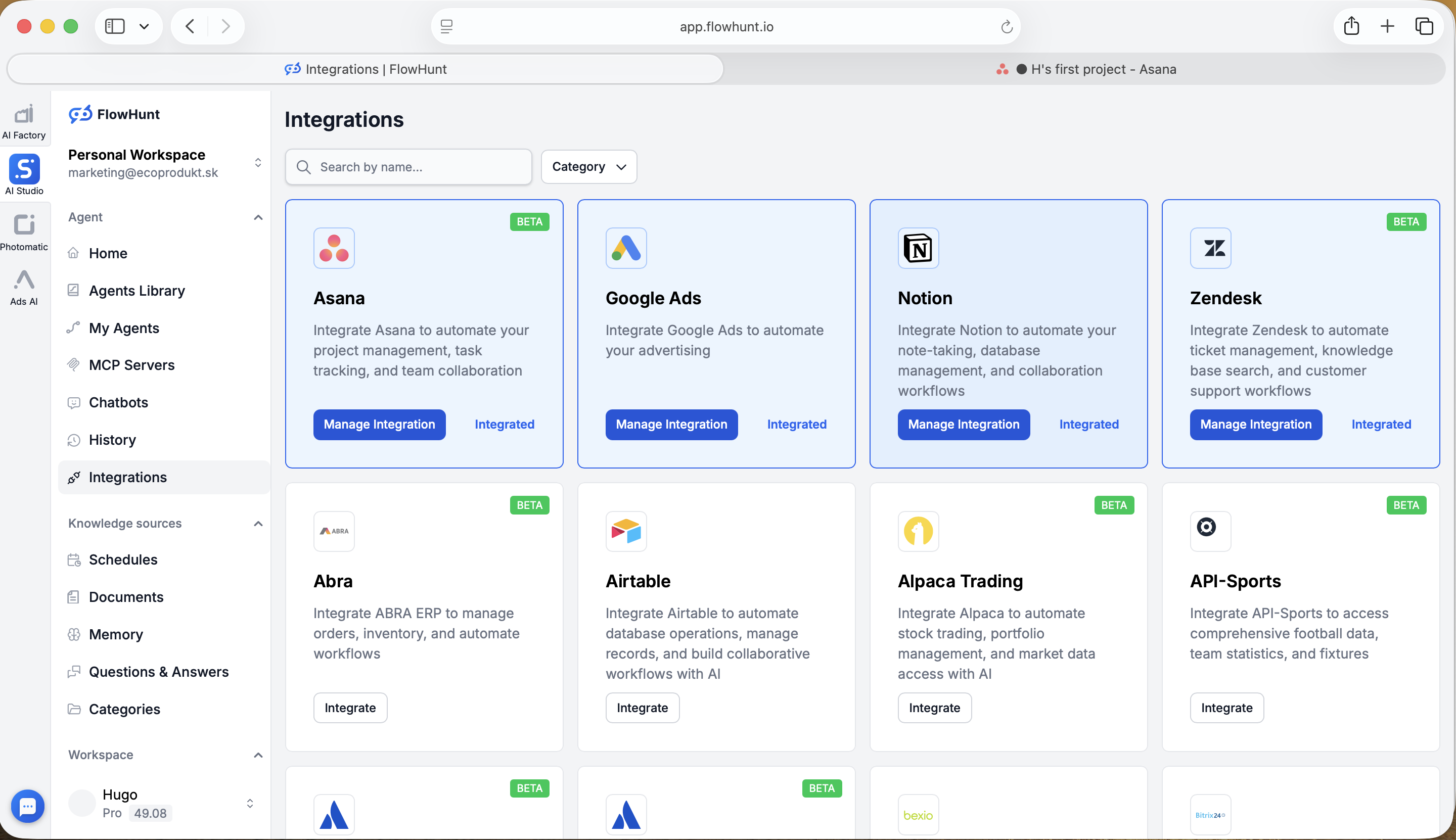 Integrated 상태와 Manage Integration 버튼이 있는 Asana가 표시된 FlowHunt Integrations 페이지
