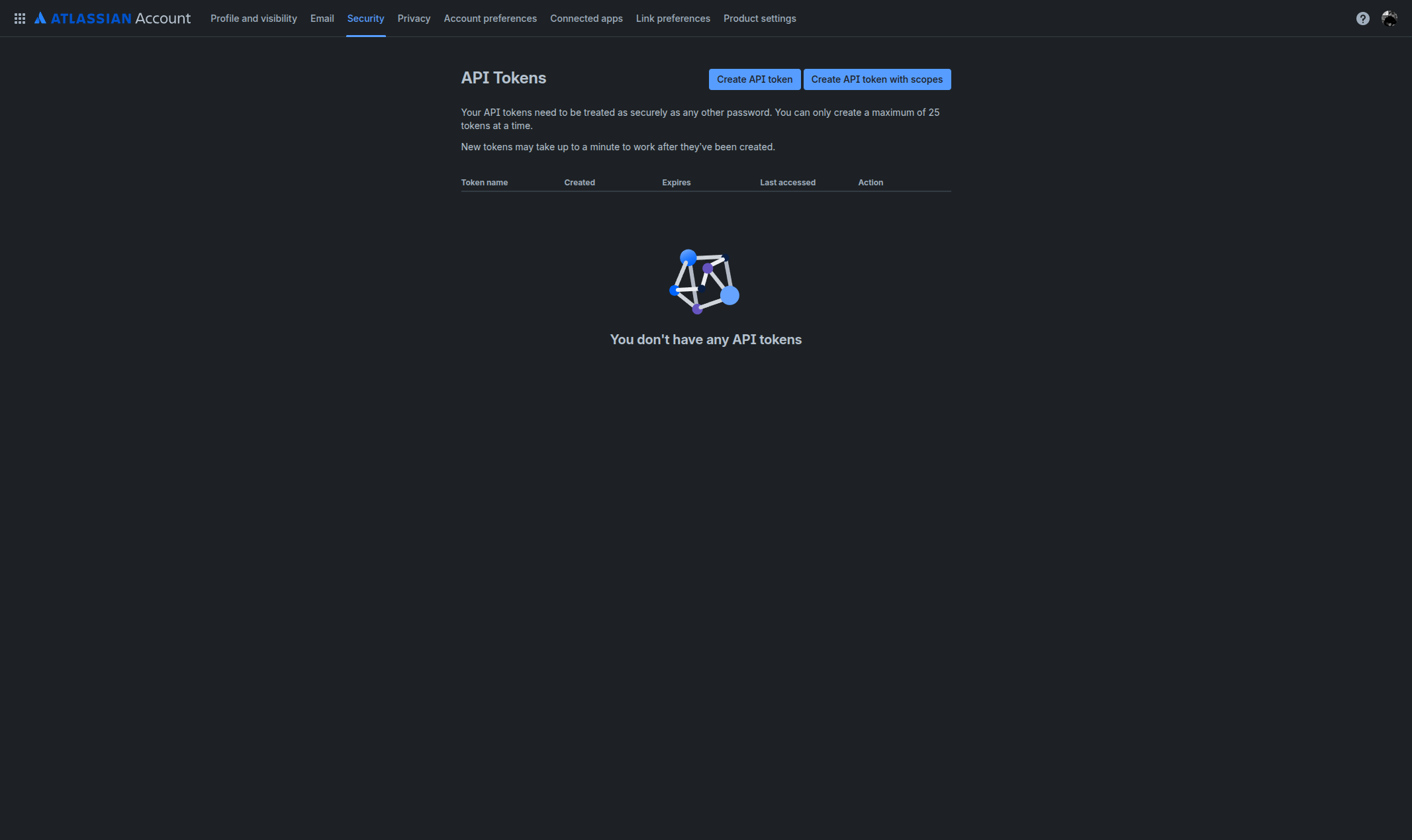 Atlassian account security page showing the API tokens management section