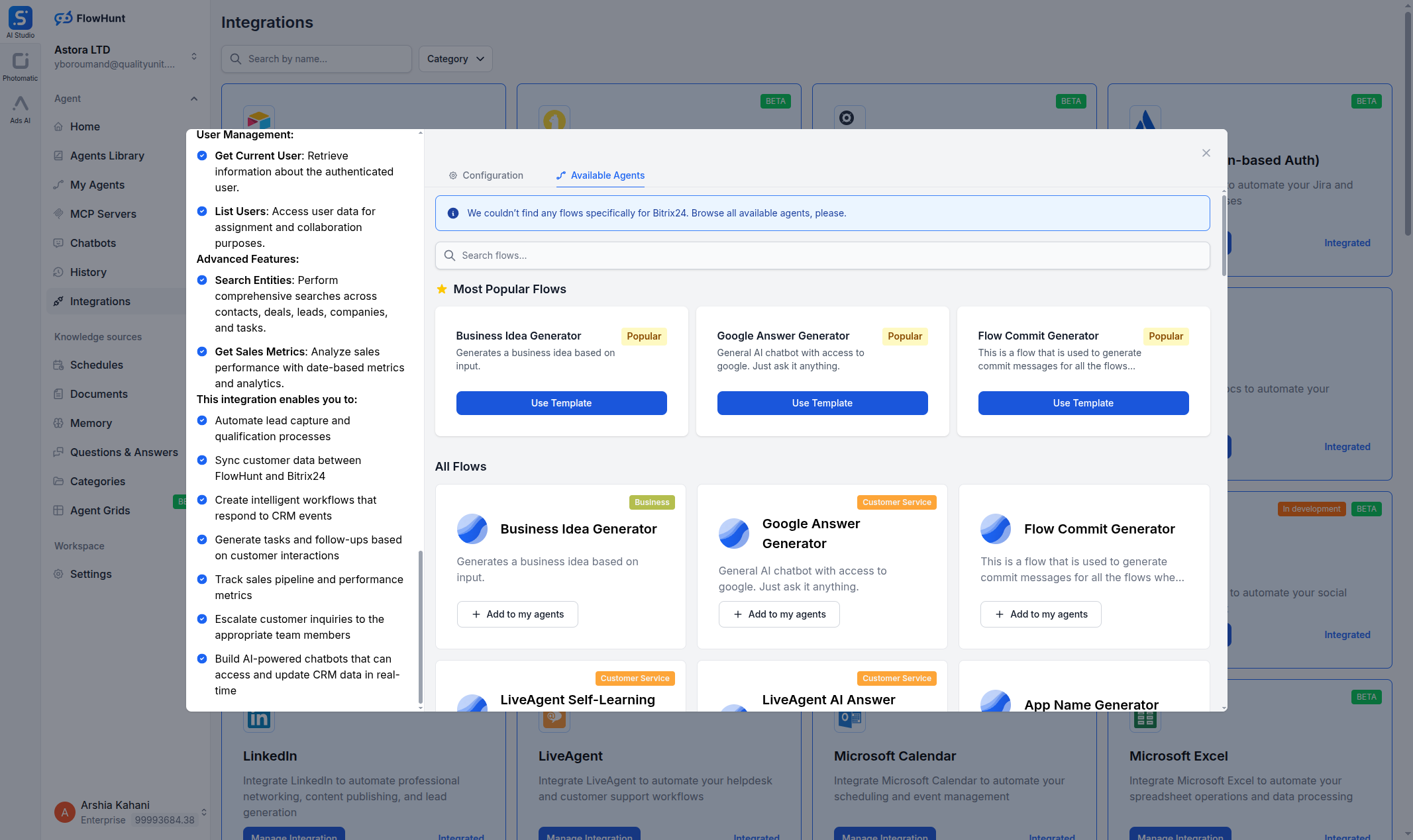 FlowHunt Bitrix24 integration Available Agents tab