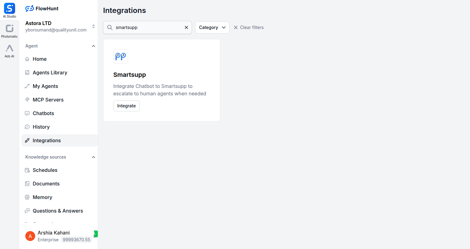 FlowHunt integrations page showing Smartsupp
