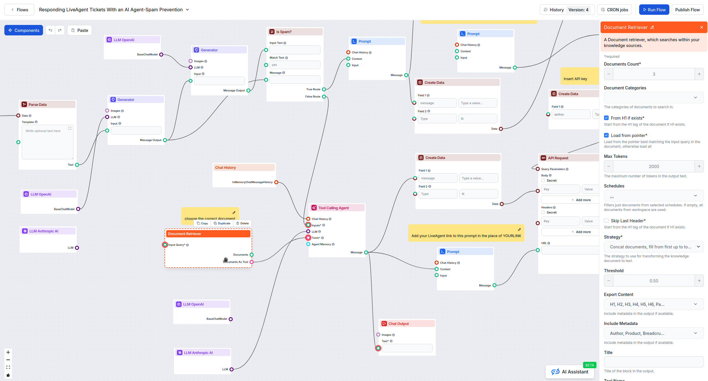 Document Retriever configuration showing category selection