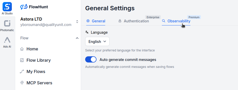 FlowHunt Observability Settings