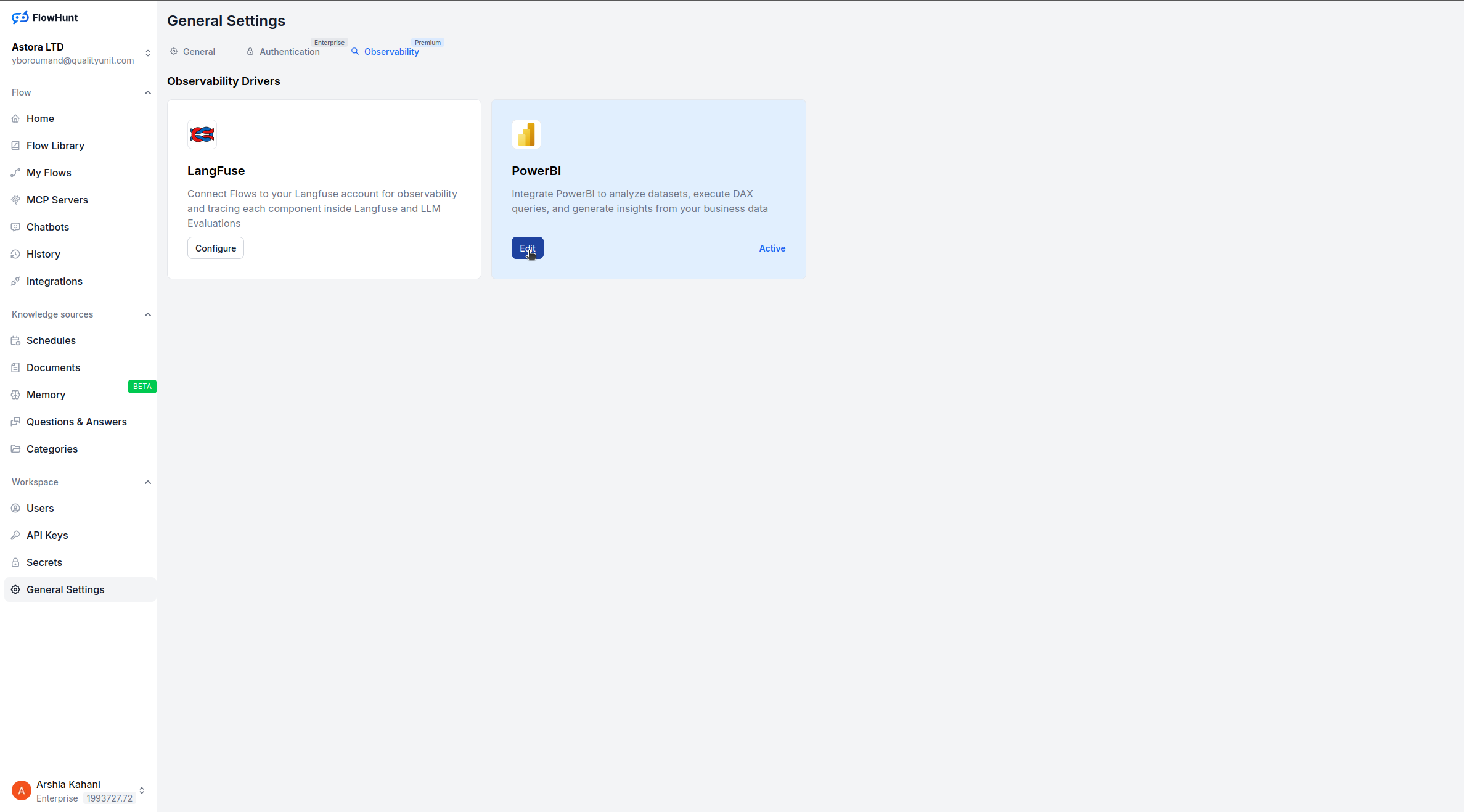 Tab Tích hợp FlowHunt PowerBI