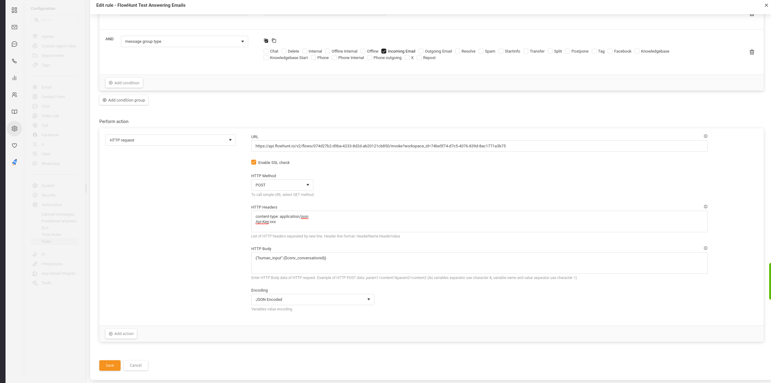 Configurarea regulii de automatizare în LiveAgent