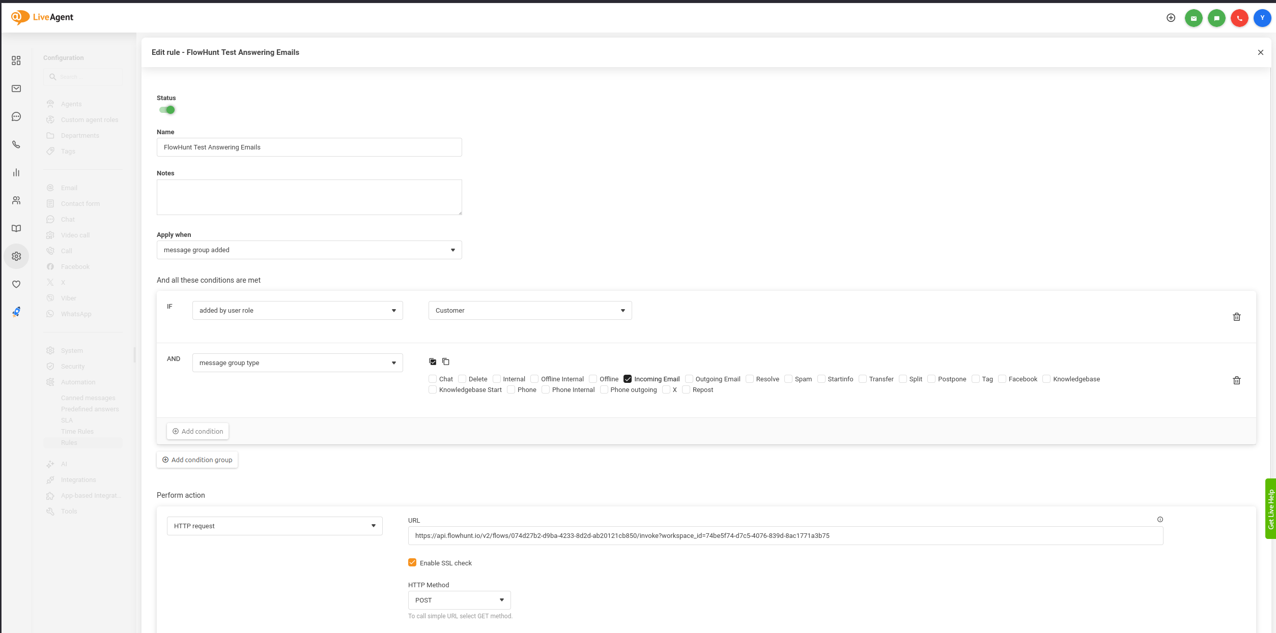 Crearea unei reguli noi de automatizare în LiveAgent