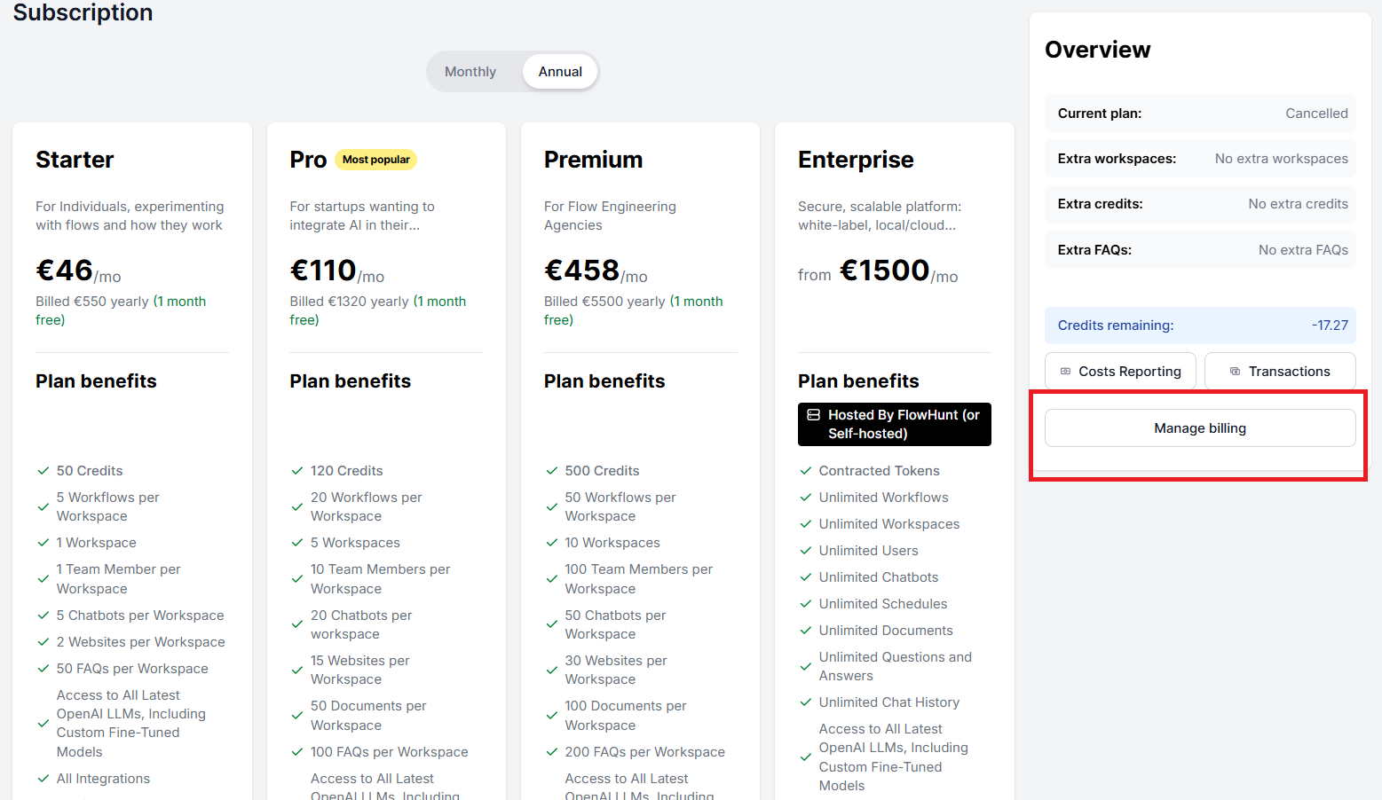Manage billing