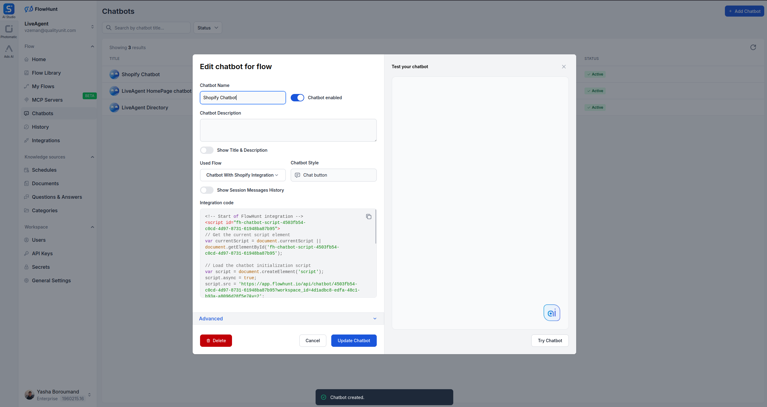 FlowHunt chatbot integration code generation
