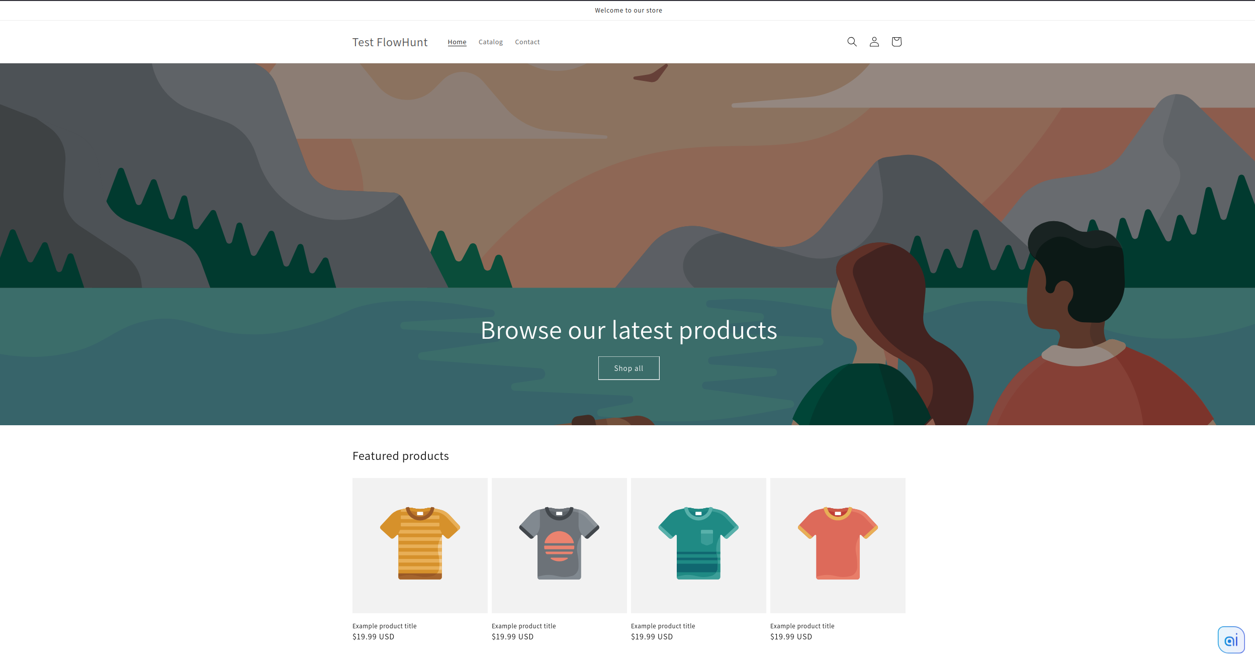 Shopify storefront with FlowHunt chatbot visible