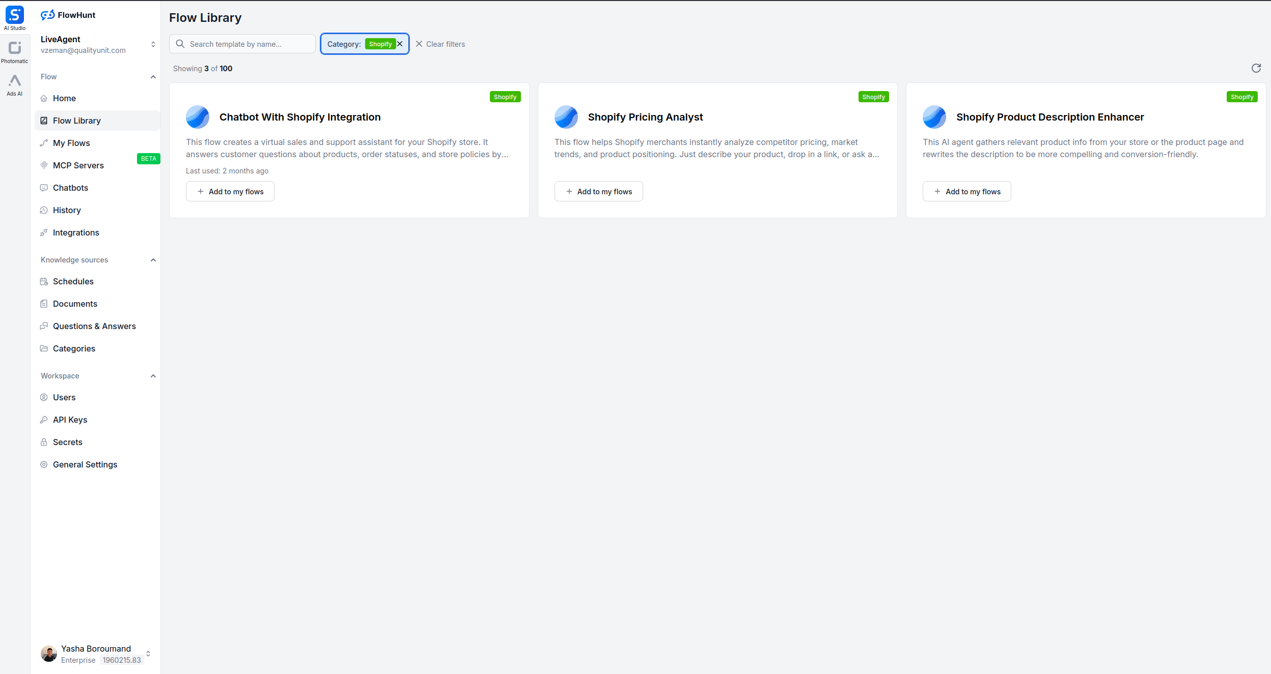 FlowHunt Flow Library showing Shopify chatbot template