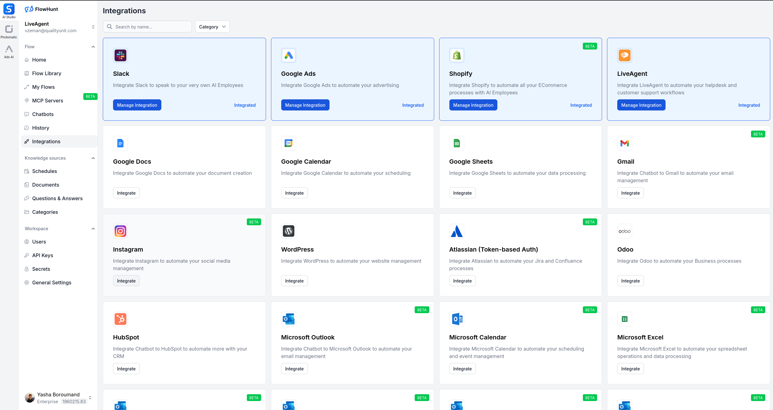 FlowHunt integrations page showing Shopify connected