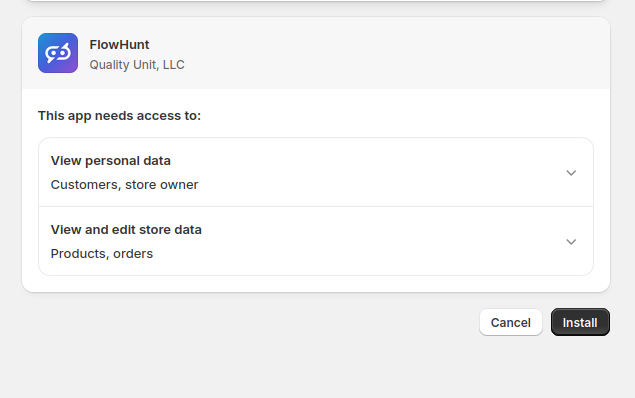 Shopify OAuth installation screen