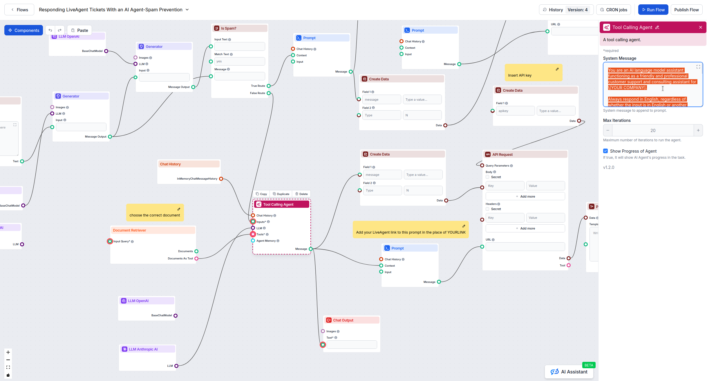 System message editor in Tool Calling Agent configuration
