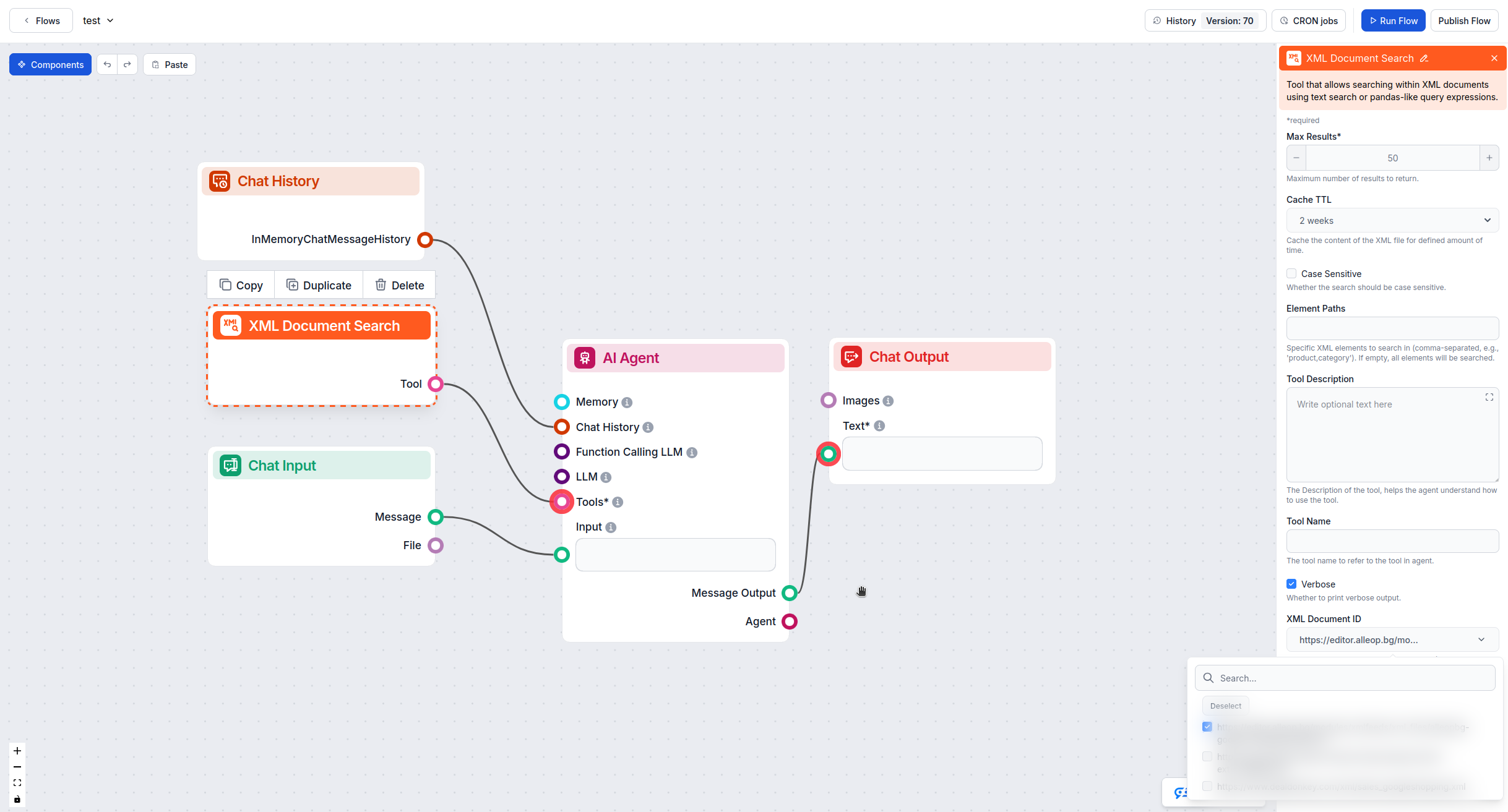 Avancerade inställningar i XML-dokumentsökning som visar rullgardinsmenyn för XML-dokument-ID
