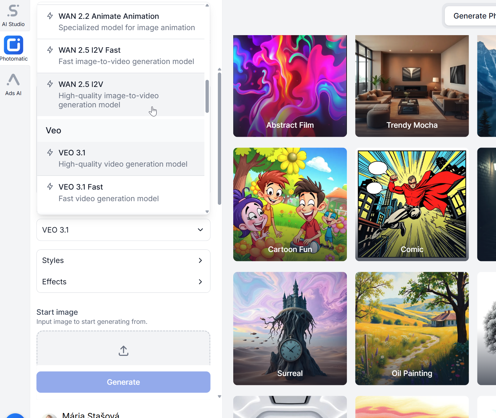 AI video generation with Photomatic — generate videos from text prompts using Sora, Veo, and Wan models