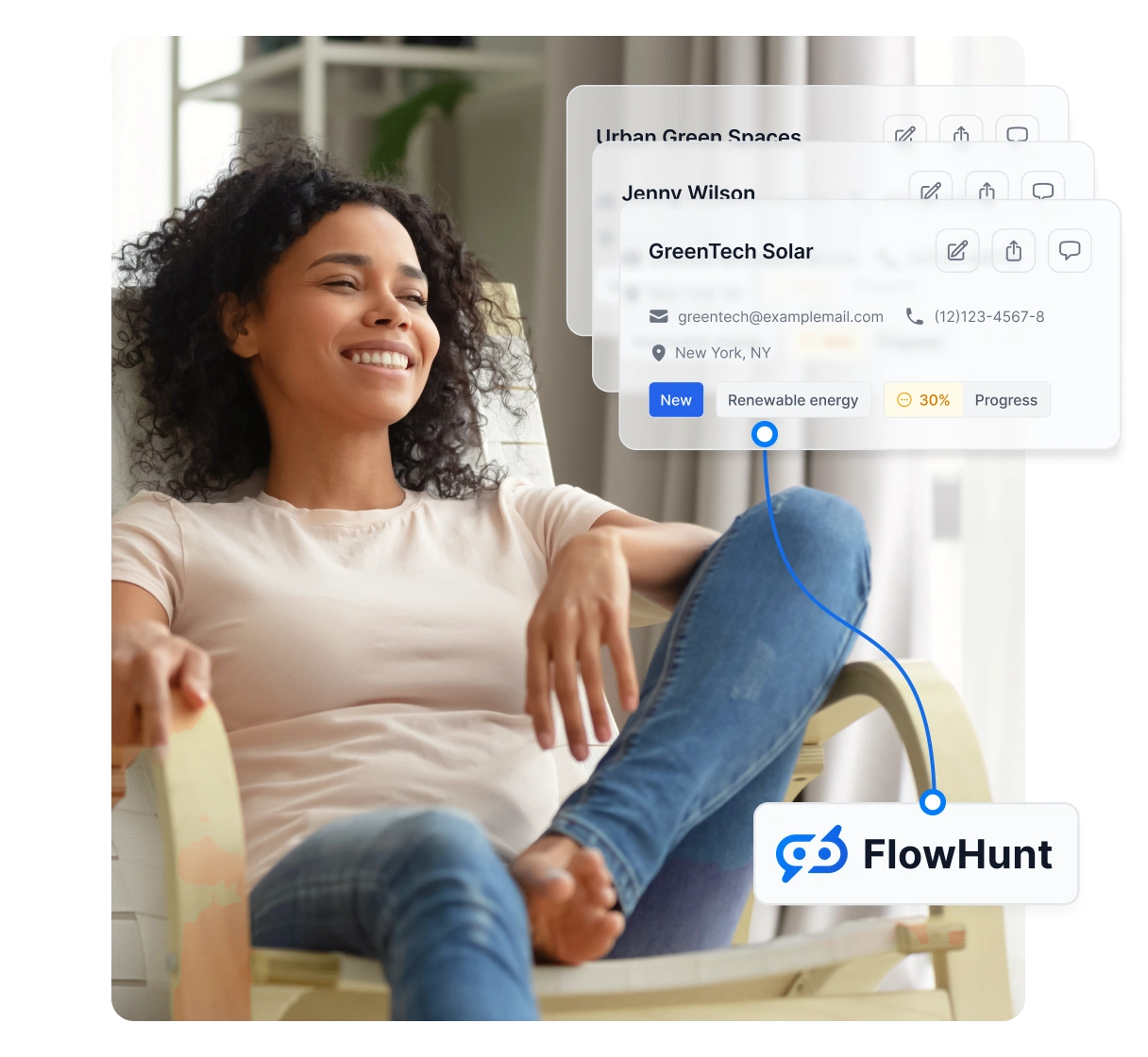 FlowHunt AI sales chatbot engaging with a website visitor, qualifying their needs, and automatically scheduling a demo meeting.