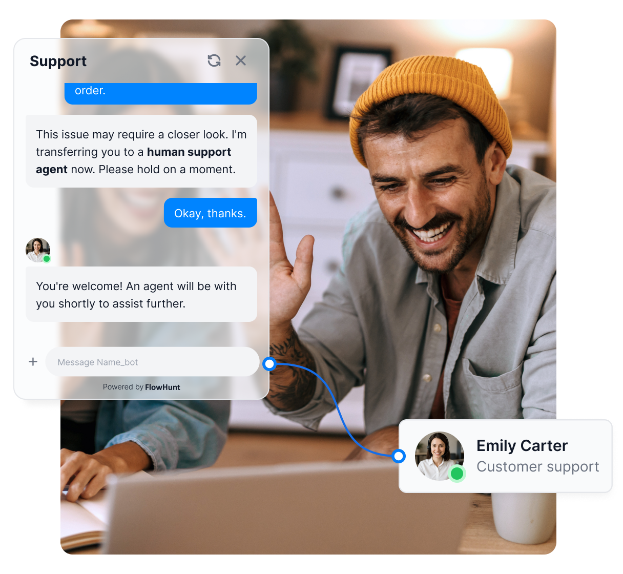 FlowHunt customer service chatbot offering to transfer a customer to human agents via LiveAgent.