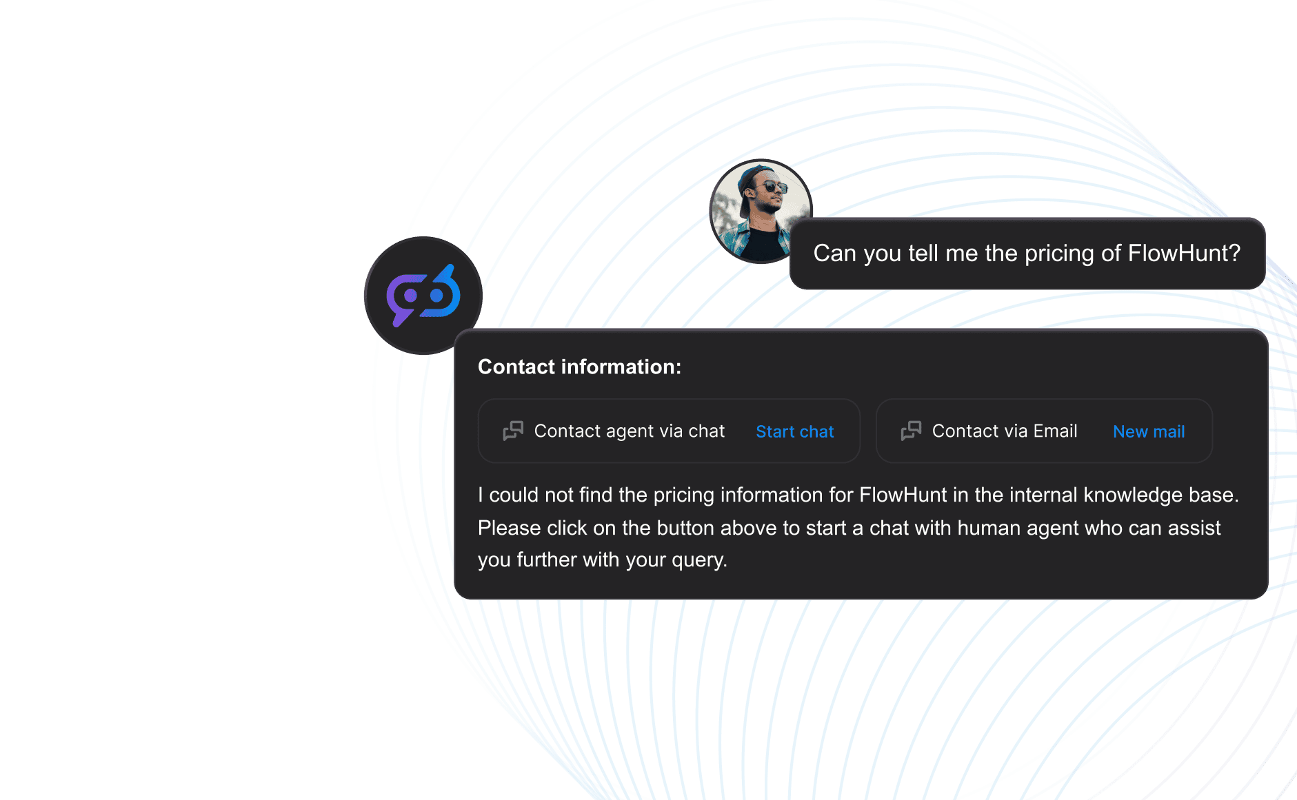 Chatbot de atención al cliente de FlowHunt ofreciendo transferir a un cliente a agentes humanos a través de LiveAgent.