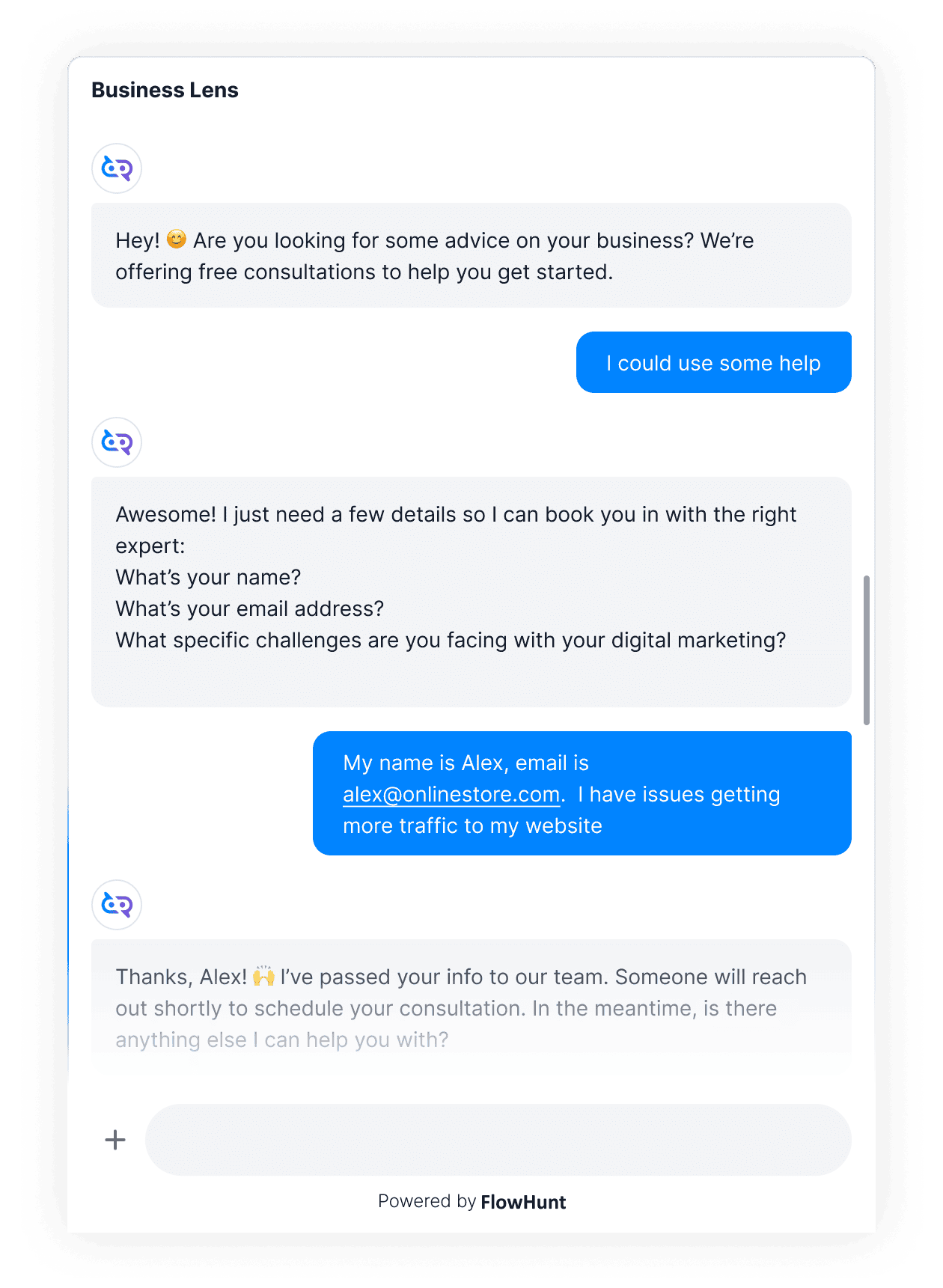 Ejemplo de conversación de generación de leads. FlowHunt ofrece un curso. Cuando el usuario muestra interés, FlowHunt pide recoger su información de contacto.