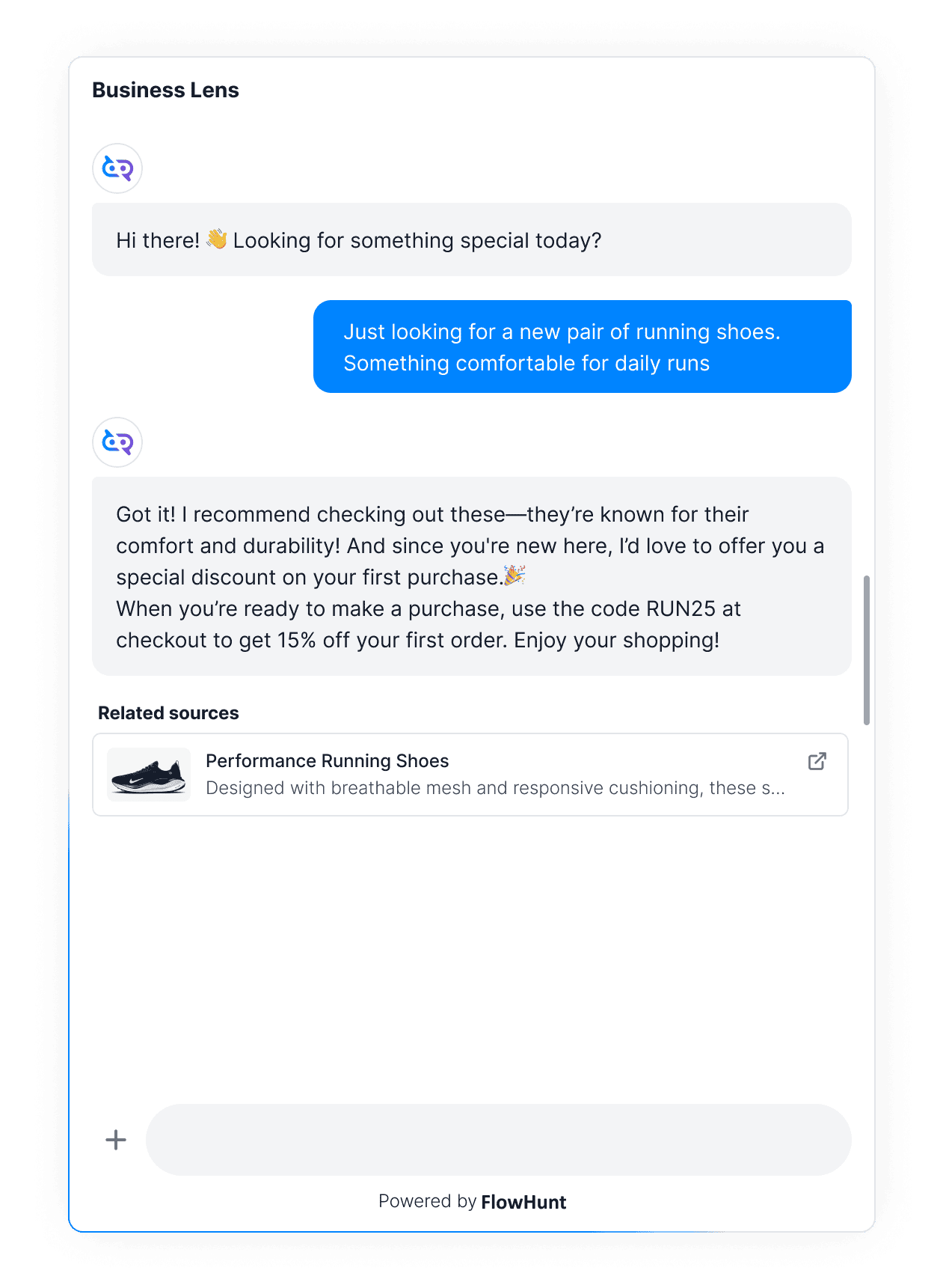 Ejemplo de interacción en chat mostrando al Agente de IA de FlowHunt ofreciendo un código de descuento junto con una recomendación de producto.
