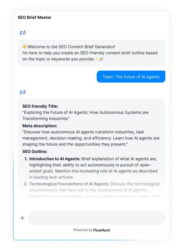 Example of FlowHunt generating a complete SEO brief based on the topic sent in chat.